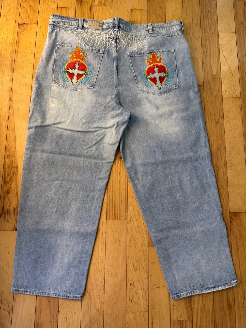 NWT Ninth Hall Ambush Sacred Embroidered Heart Graphics Light Blue Wash Size 46